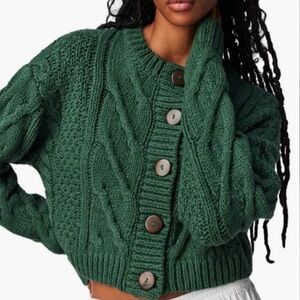 Free People Forest Green Cable Knit Sweater